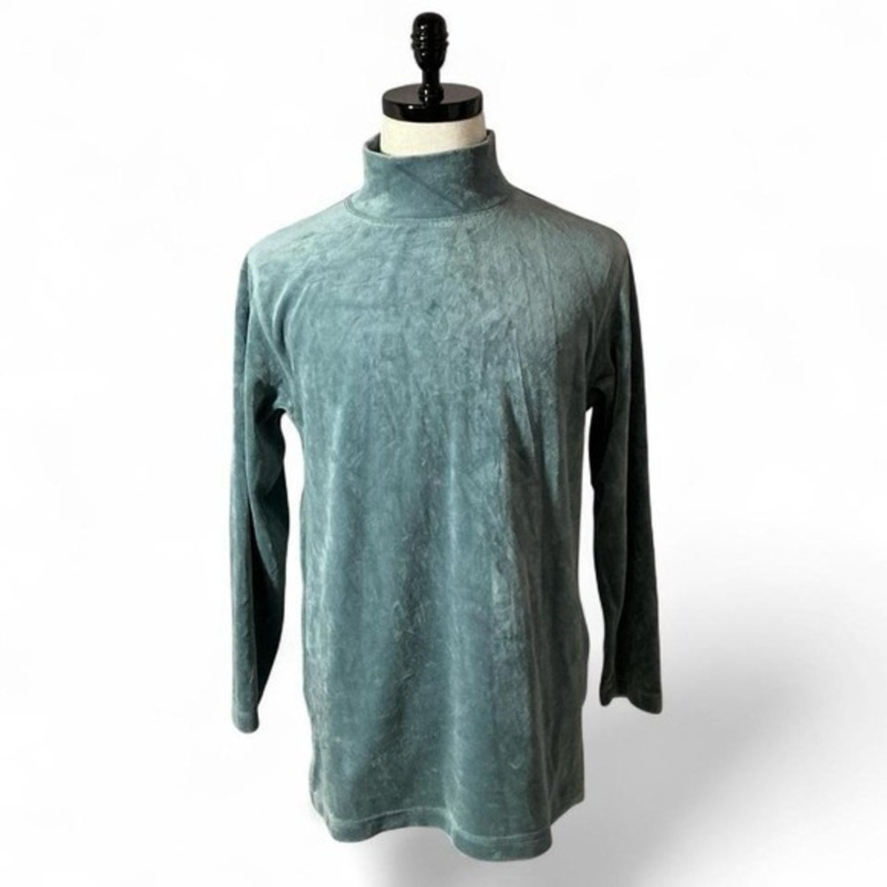 Eddie Bauer Velour Mock Neck Top Womens S Blue Green Long Sleeve Velvet Pullover